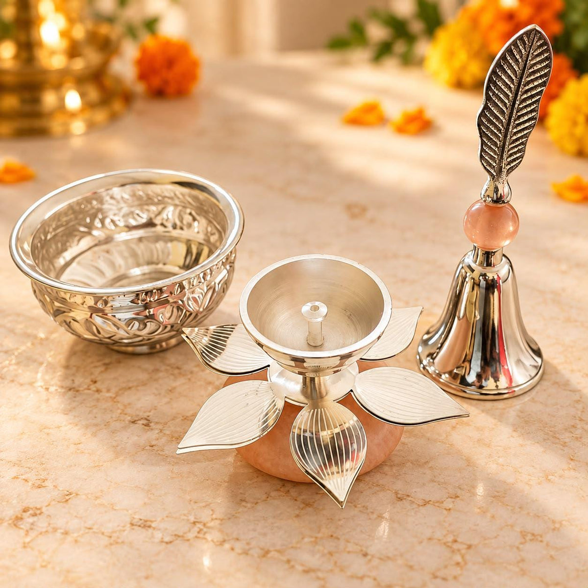 German Silver Pooja Set, Lotus Diya, Bell, Decorative Bowl (8, 6, 4 inches)