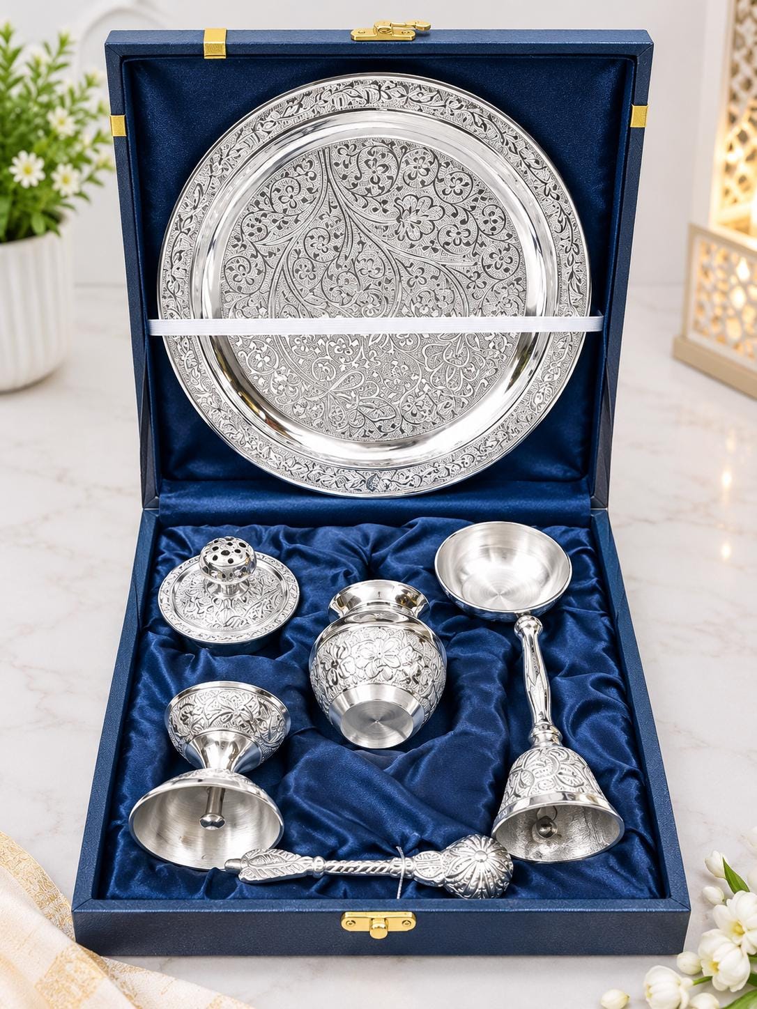 Handcrafted German Silver Pooja Thali Set – 8 Inch, Engraved, Velvet Box (7 Piece)