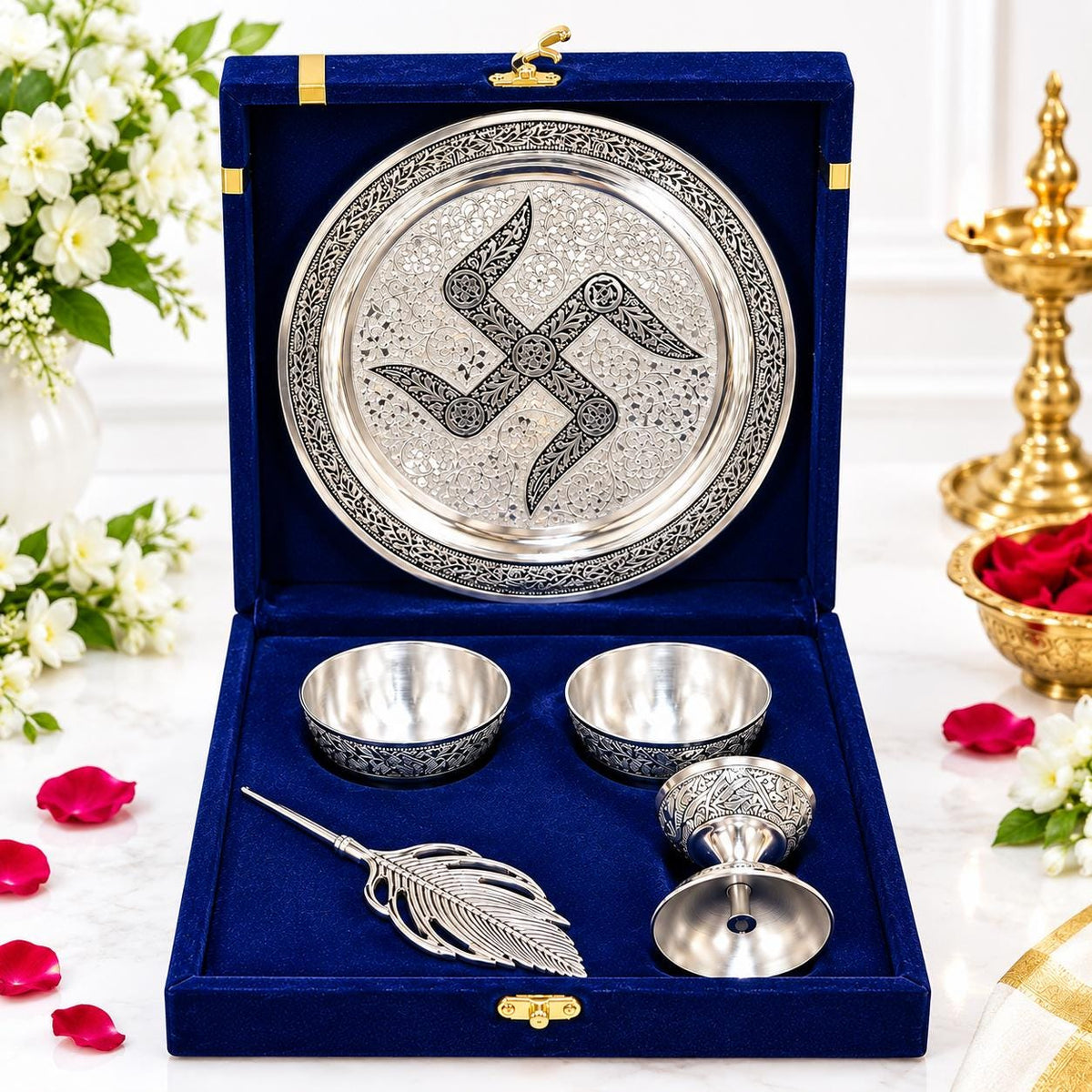 German Silver Pooja Thali Set, Swastik Design, 5-Piece Mandir Decor (7.5 inch)