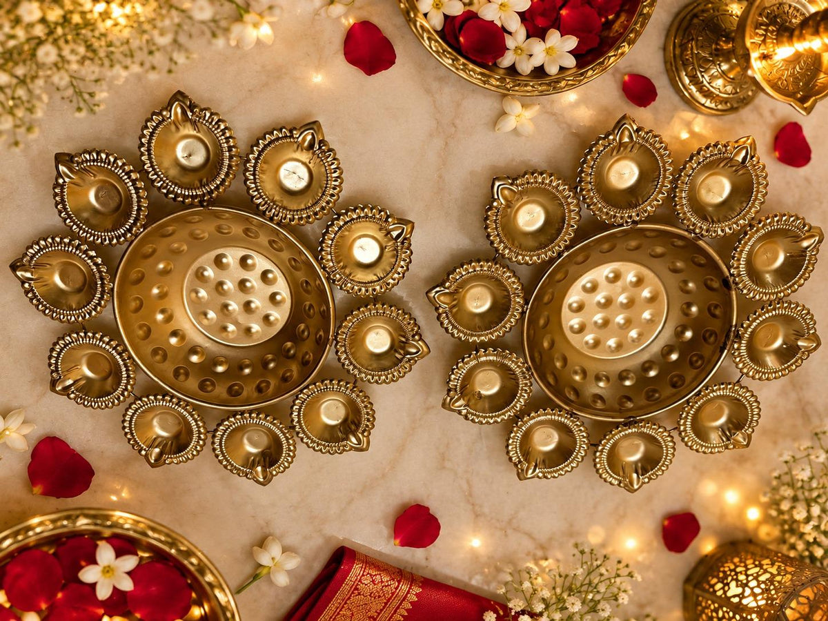 Handcrafted Gold Tone Urli Bowl with Diya Holders, 9.5 Inch, Diwali Pooja Decor