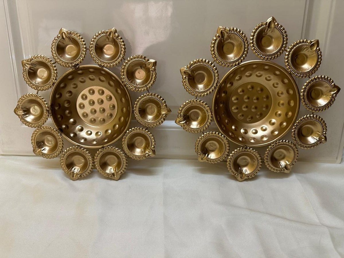 Handcrafted Gold Tone Urli Bowl with Diya Holders, 9.5 Inch, Diwali Pooja Decor