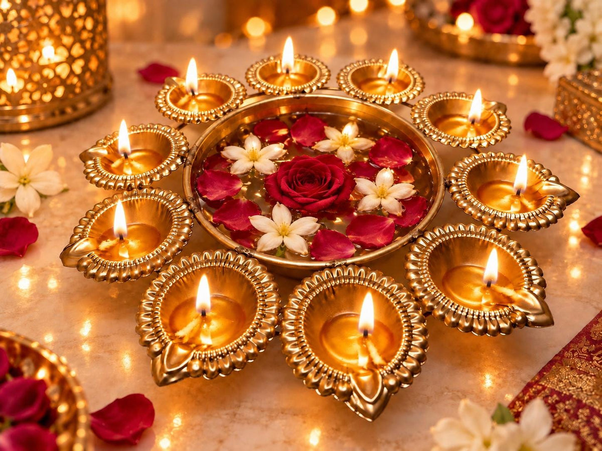 Handcrafted Gold Tone Urli Bowl with Diya Holders, 9.5 Inch, Diwali Pooja Decor