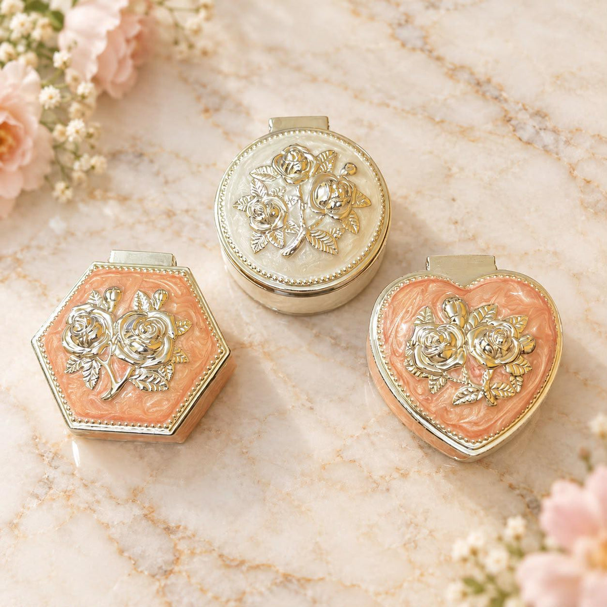 Peach Floral Heart Trinket Box, Silver Accents, Velvet Interior (2.5 x 1 inches)