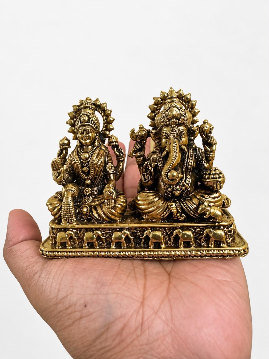 Handcrafted Brass Lakshmi Ganesh Idol, 3x3.5 Inch Hindu Temple Decor