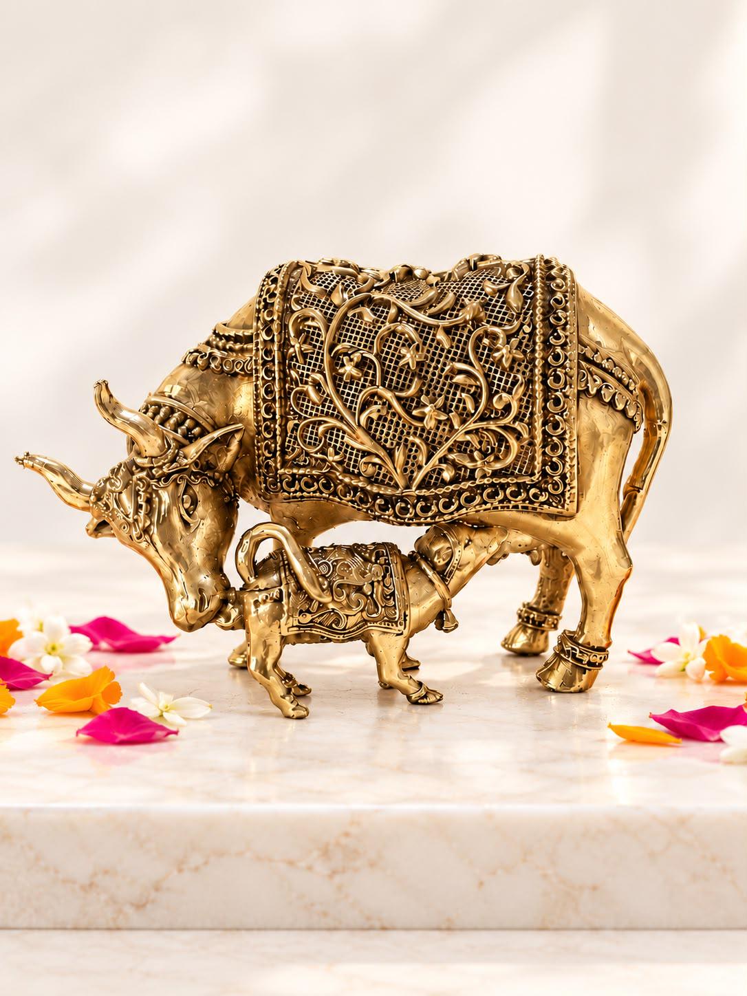 Handmade Brass Kamdhenu Cow and Calf Statue, Hindu Puja Decor, Antique Gold Finish (3 x 4.5 Inch), Idol