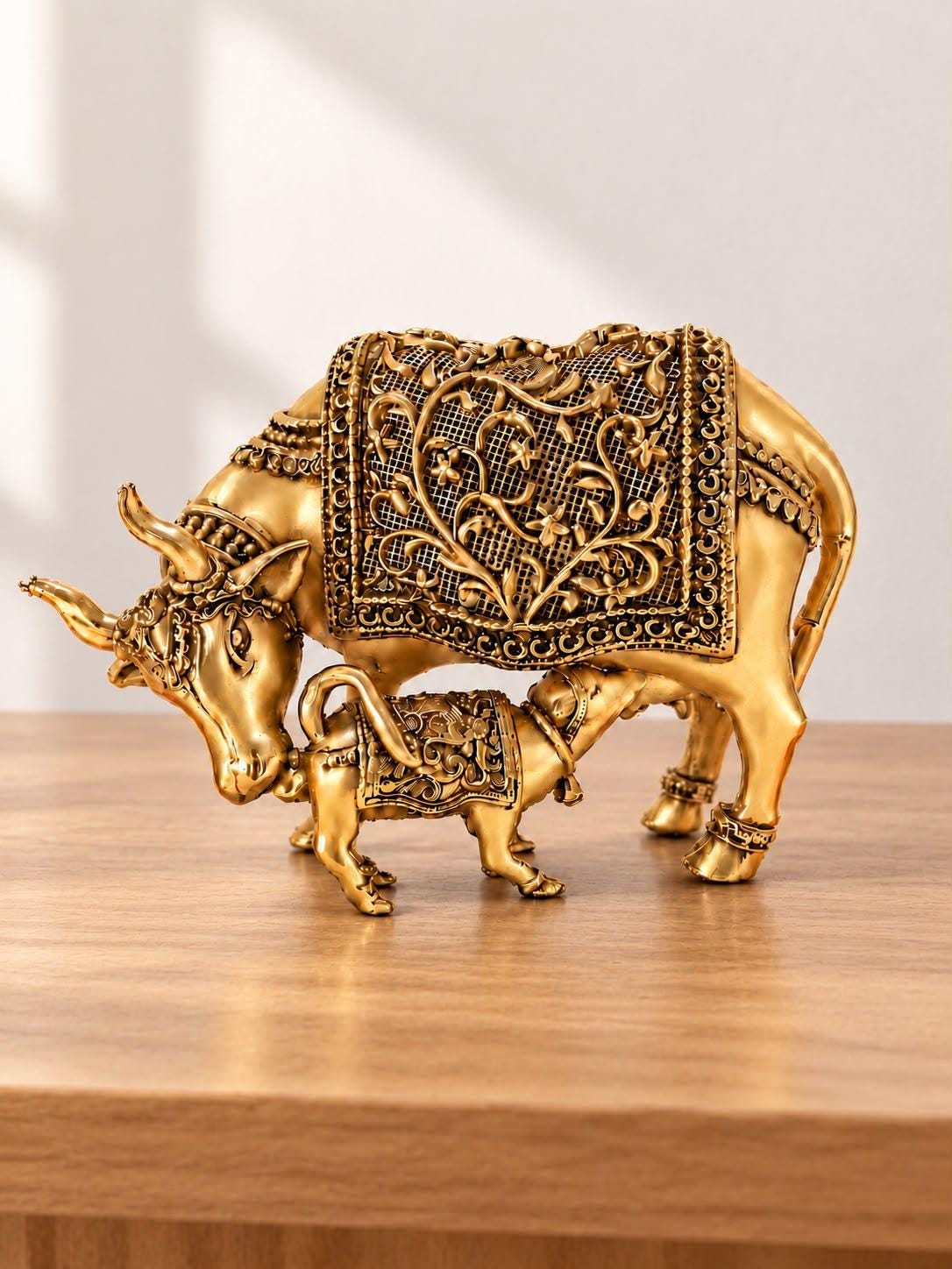 Handmade Brass Kamdhenu Cow and Calf Statue, Hindu Puja Decor, Antique Gold Finish (3 x 4.5 Inch), Idol