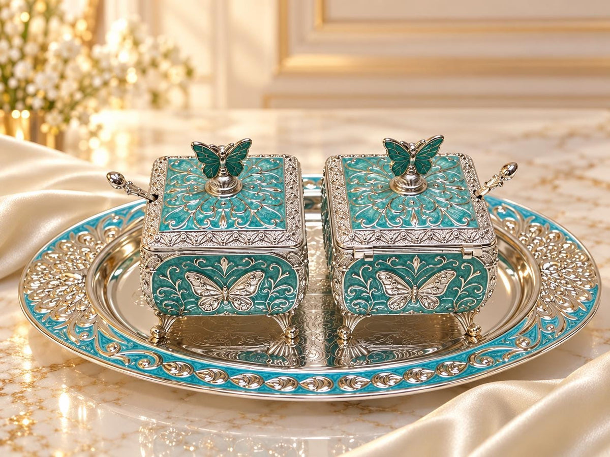 Turquoise Enamel Butterfly Dry Fruit, Sweets, Candies Box Set, Silver Floral Tray, Wedding Gift