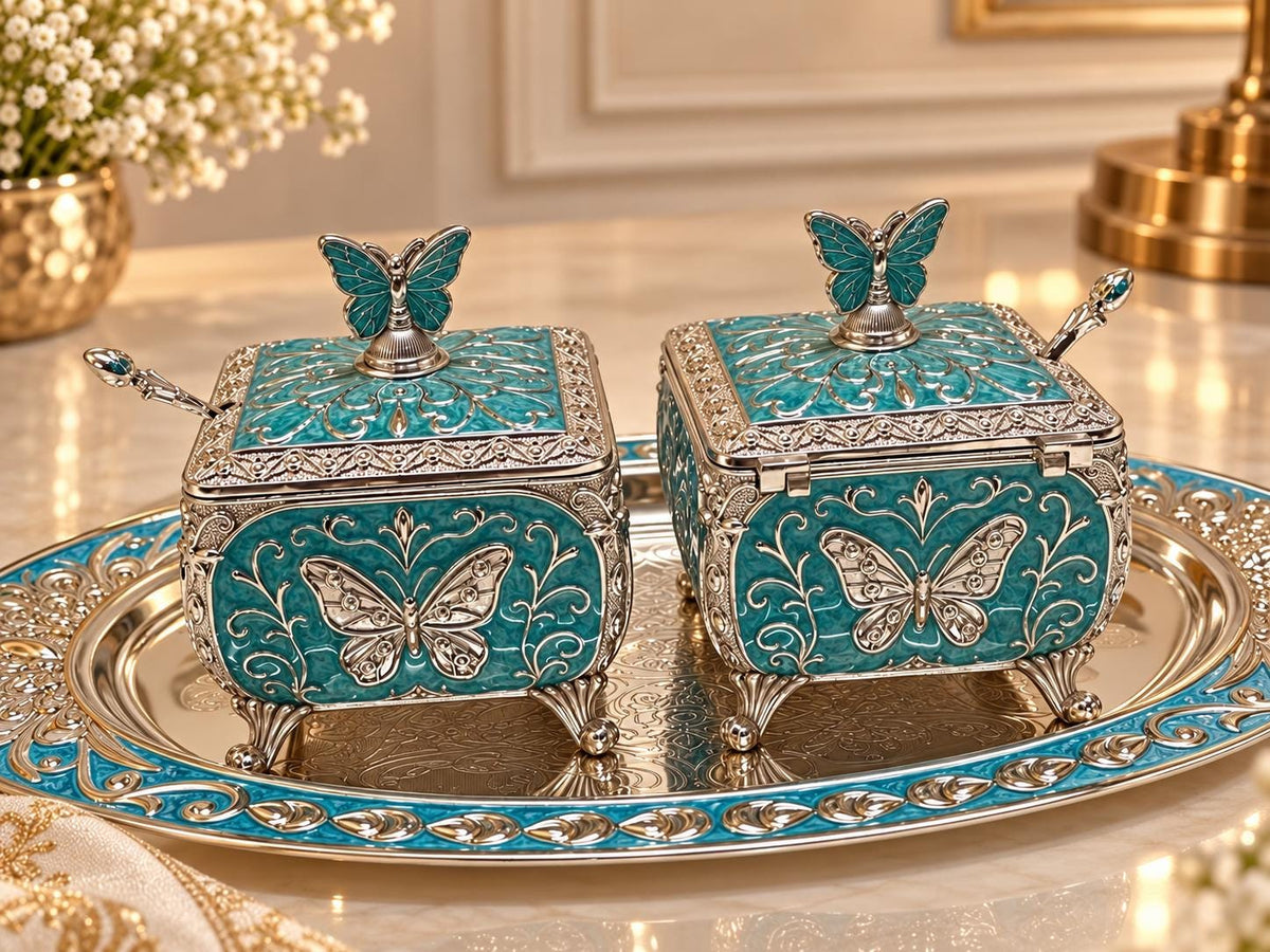 Turquoise Enamel Butterfly Dry Fruit, Sweets, Candies Box Set, Silver Floral Tray, Wedding Gift