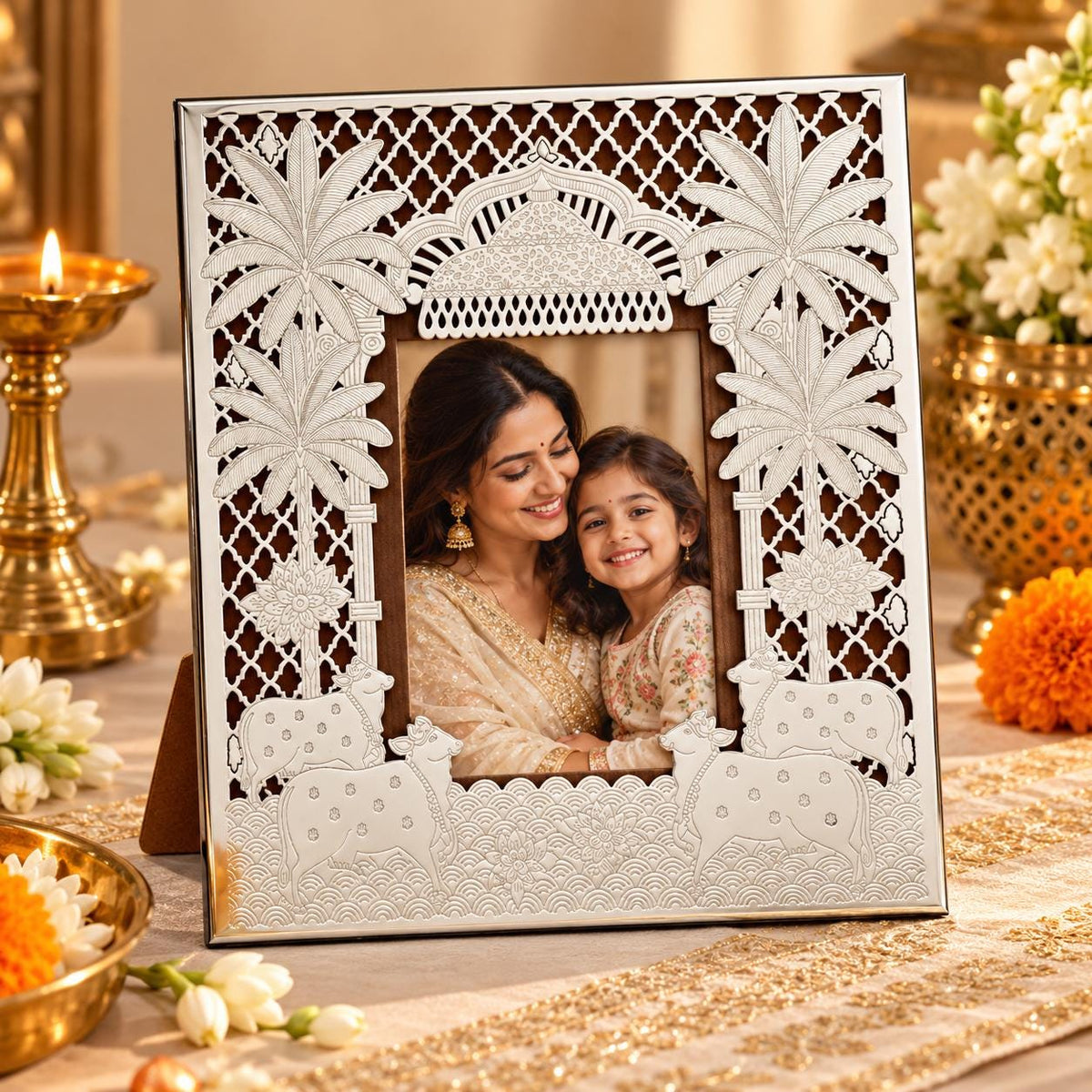 Handcrafted Silver Plated Photo Frame Set – Cow, Lotus, Tree Motifs (9x7 inches) , Wedding, Anniversary, Birthday Gift,  Classic Photo Frame