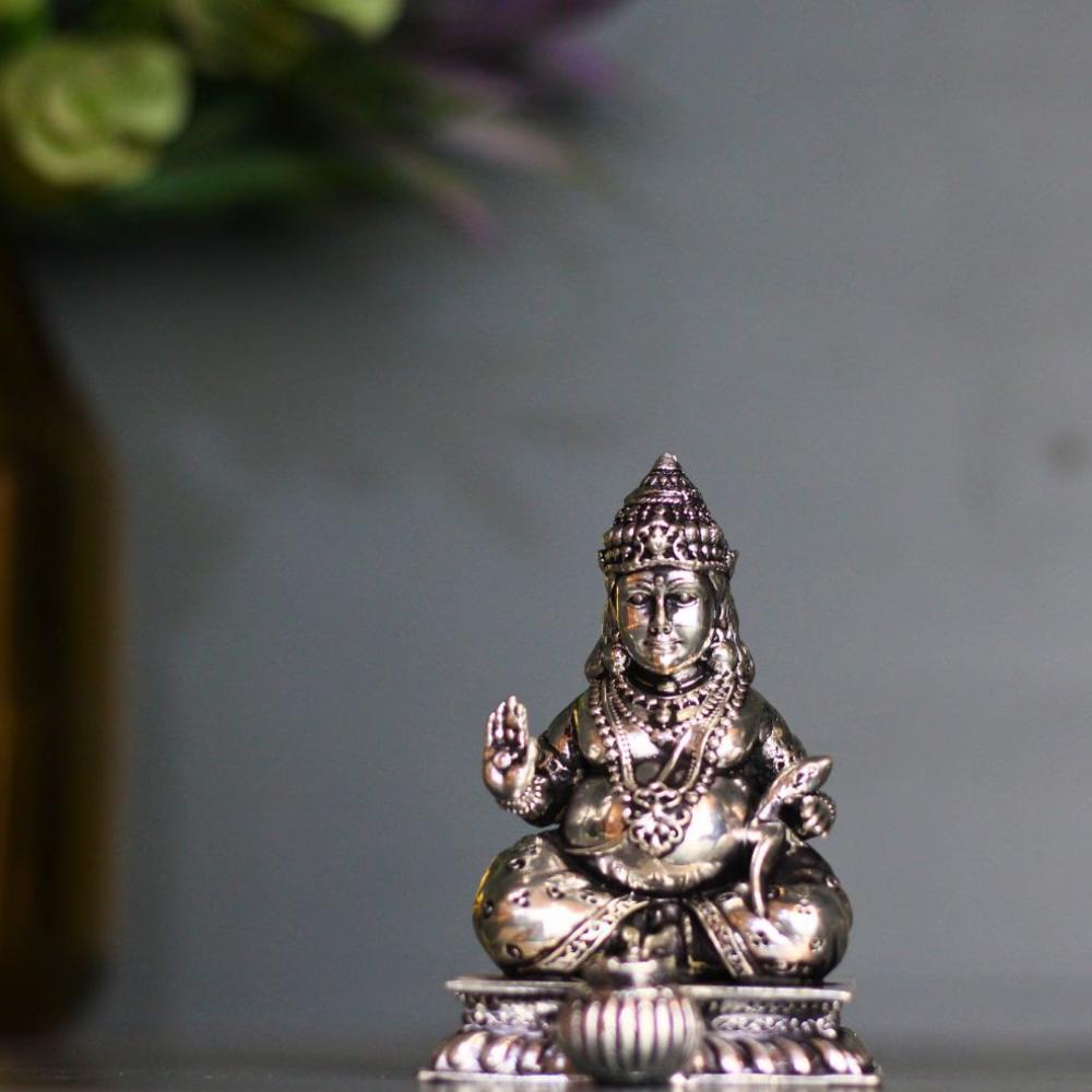 Silver Plated Lord Kuber Statue, Hindu God of Wealth Idol (4x2.5 Inches)