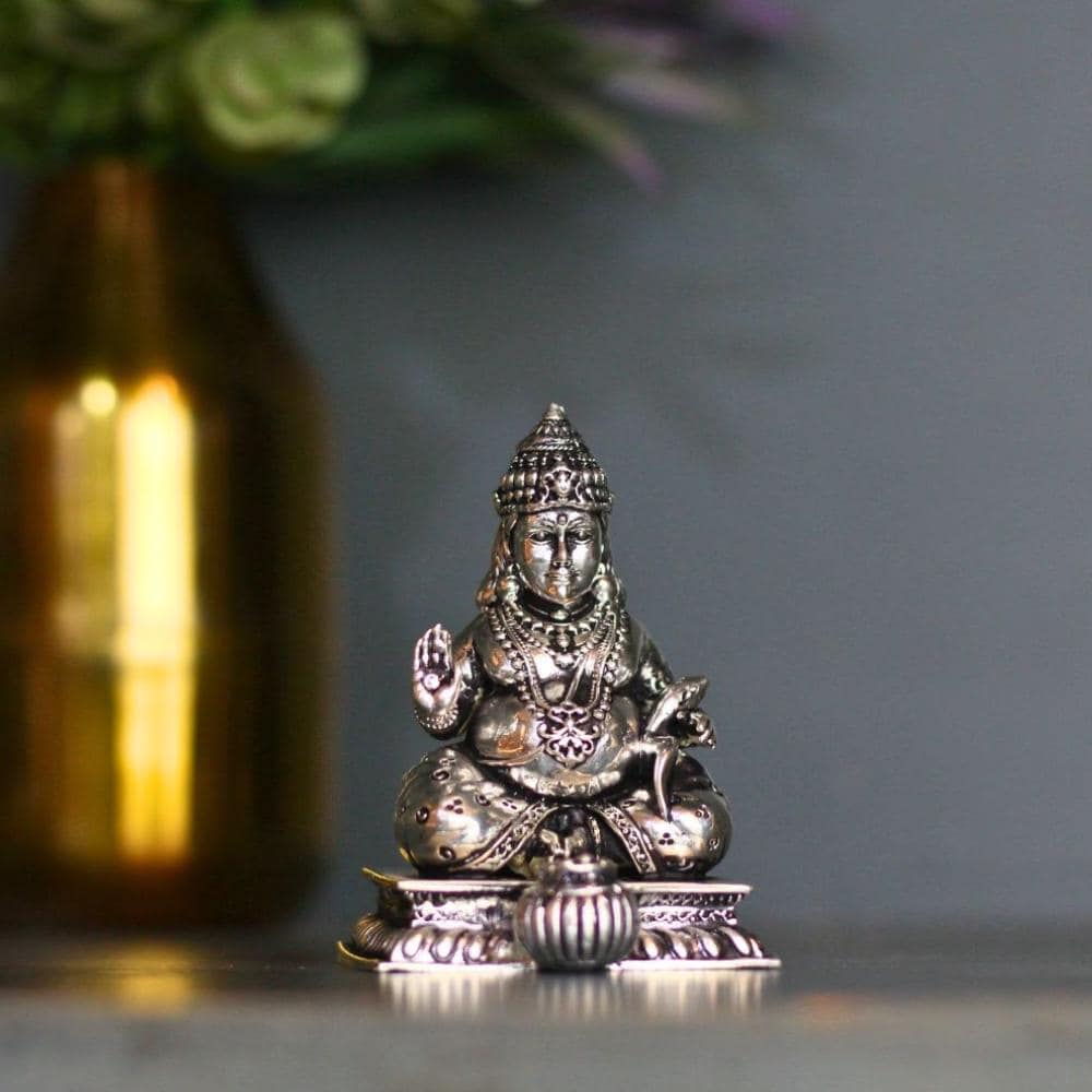 Silver Plated Lord Kuber Statue, Hindu God of Wealth Idol (4x2.5 Inches)