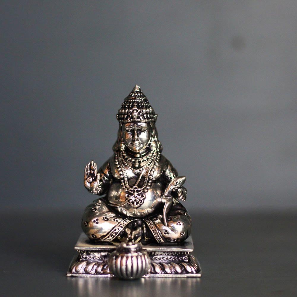 Silver Plated Lord Kuber Statue, Hindu God of Wealth Idol (4x2.5 Inches)