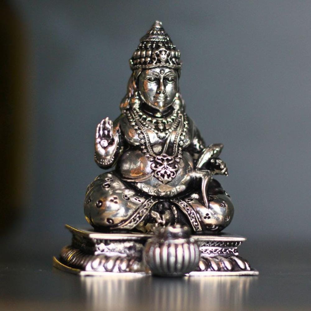 Silver Plated Lord Kuber Statue, Hindu God of Wealth Idol (4x2.5 Inches)