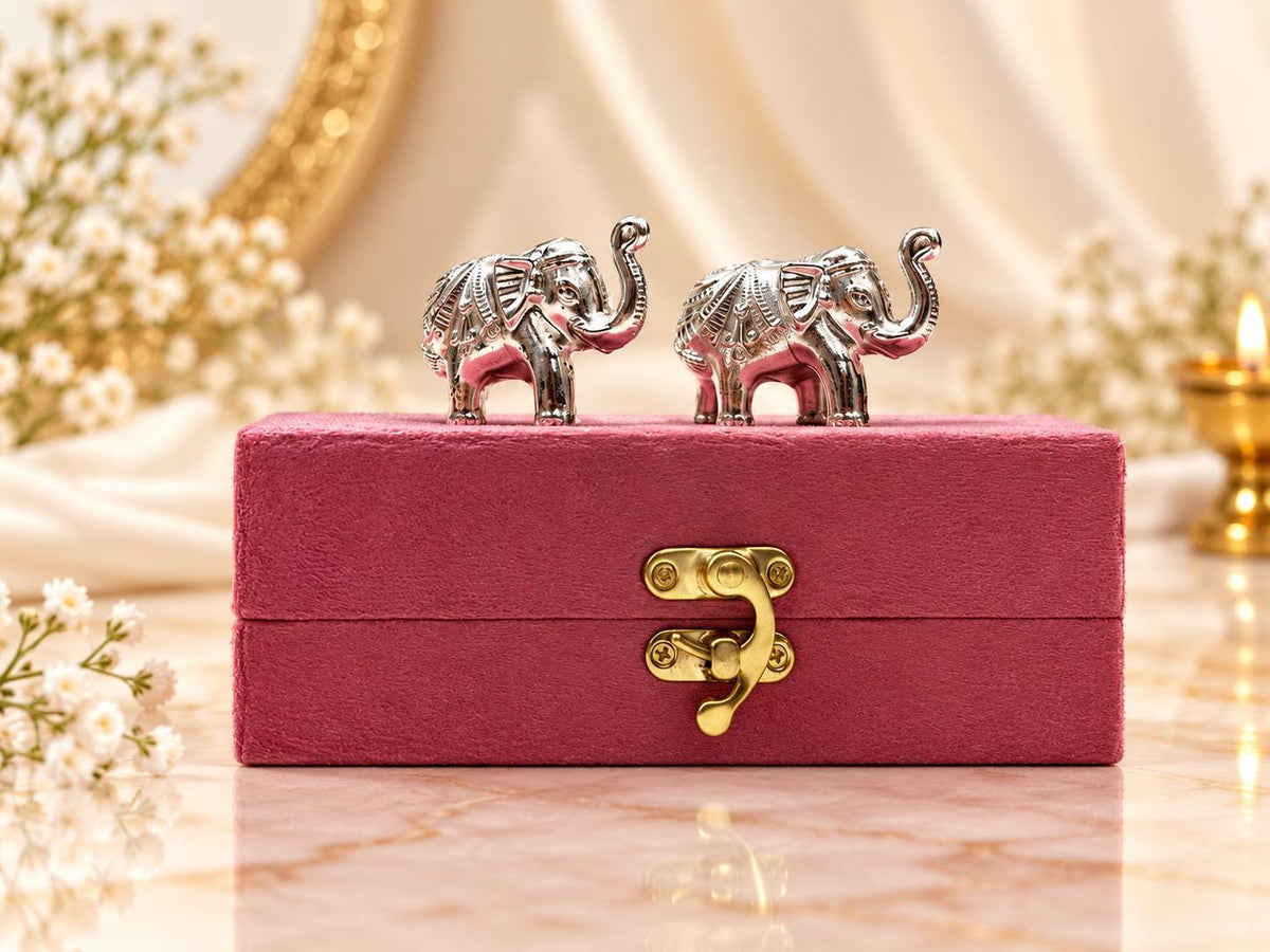 Handcrafted Antique Silver-Plated Elephant Idols (Pack Of 2) | Vastu Idol | Table Decor