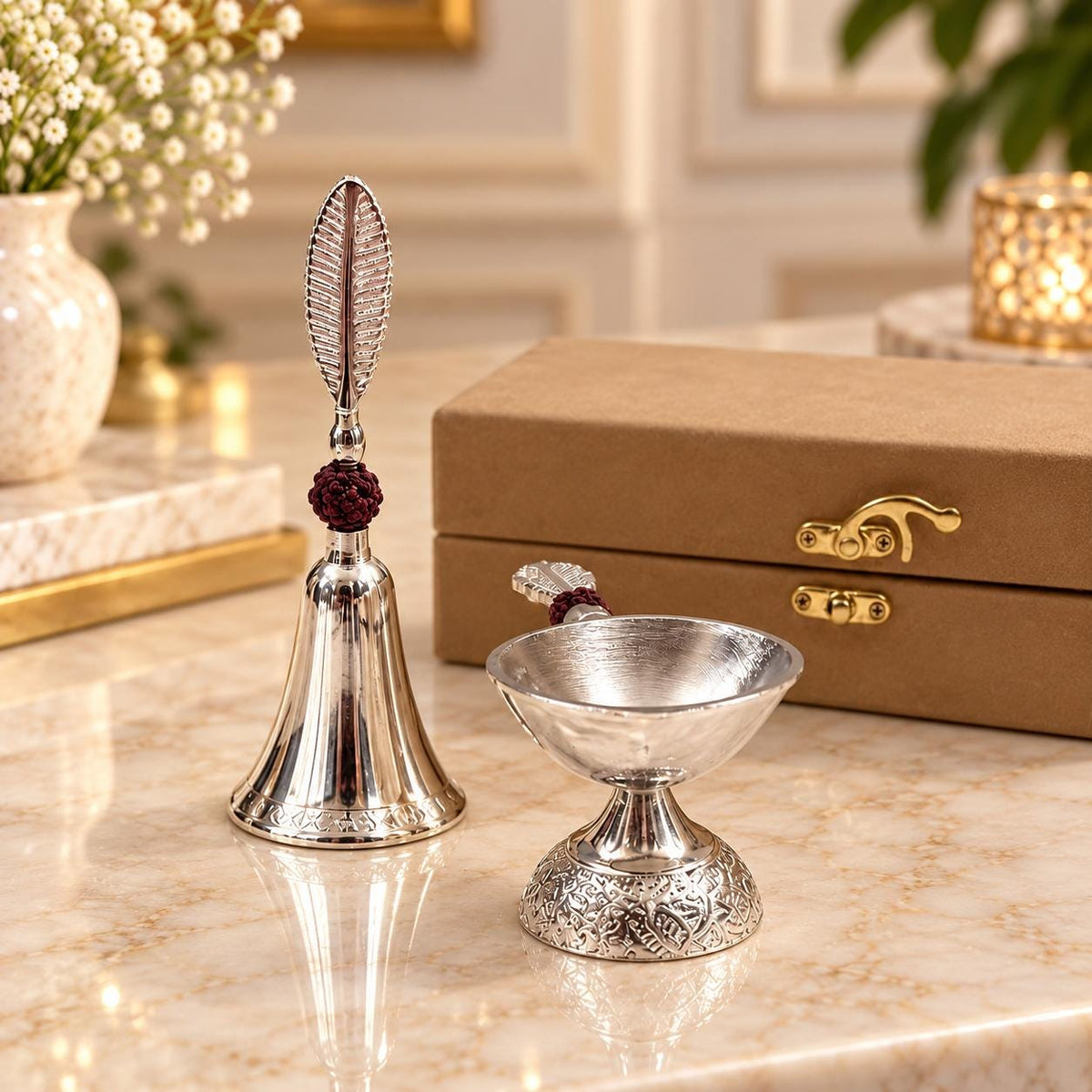 German Silver Pooja Bell & Diya Set | Engraved Leaf Handle, Gift Box (6 Inch)