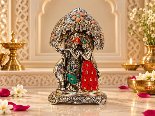 Radha Krishna Statue with Tree Canopy, Silver-Tone with Red and Green Accents