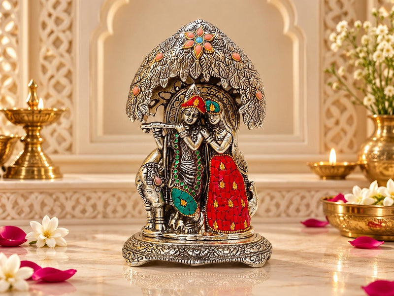 Radha Krishna Statue with Tree Canopy, Silver-Tone with Red and Green Accents