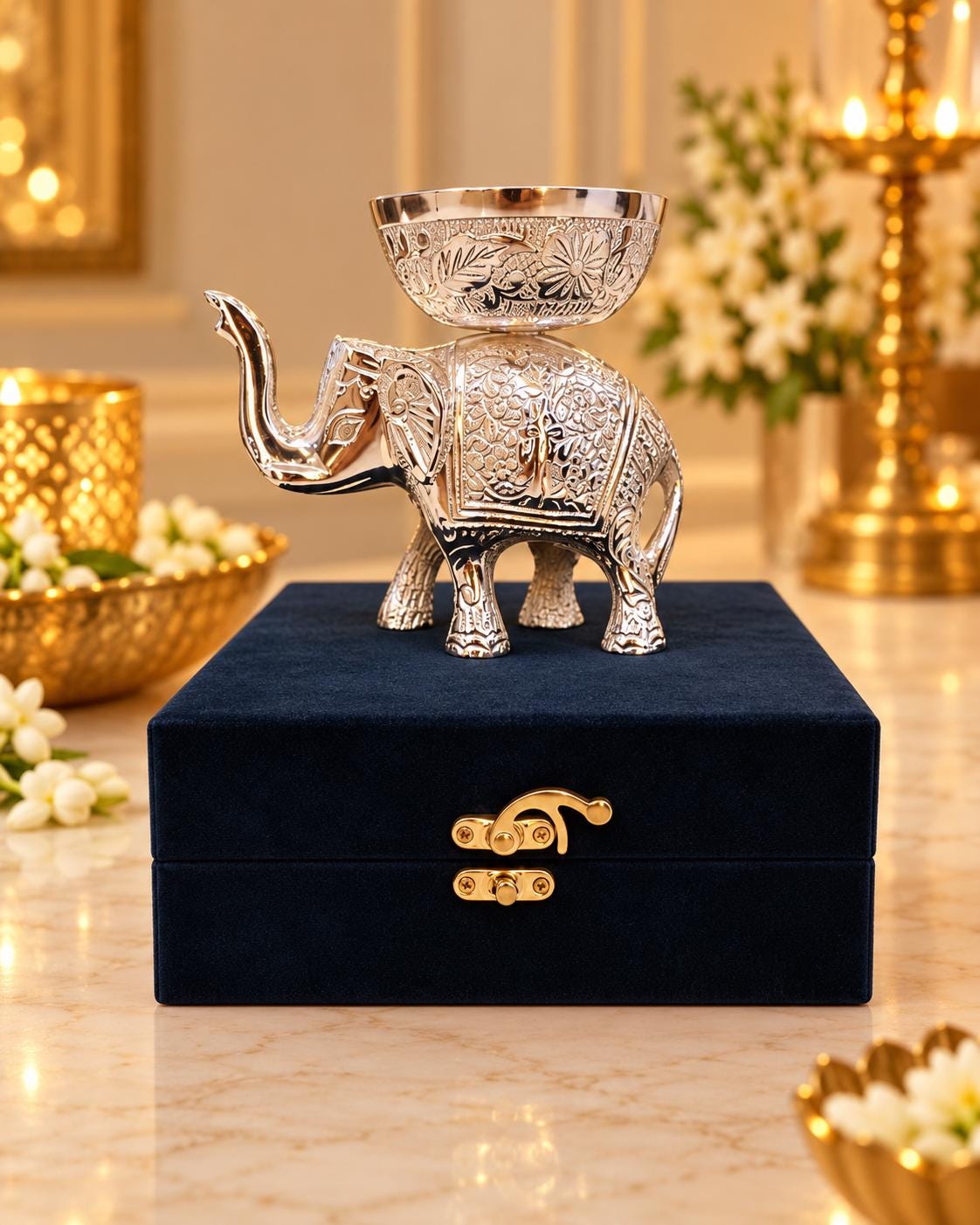 German Silver Elephant Bowl, Handcrafted Indian Decor, Diwali Gift (5 Inch)