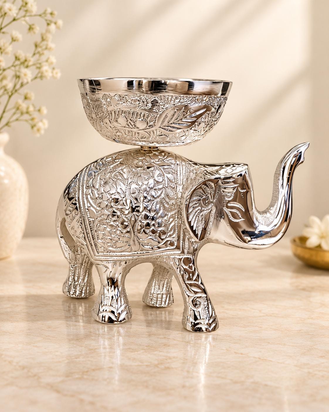German Silver Elephant Bowl, Handcrafted Indian Decor, Diwali Gift (5 Inch)