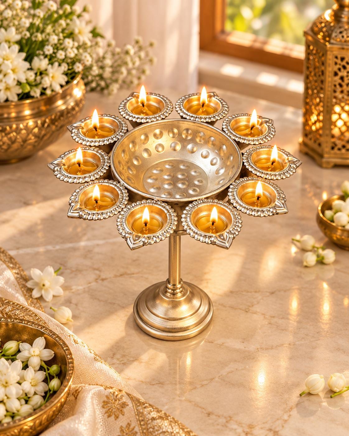 Gold Floral Diya Urli Set | Traditional Indian Diwali Decor (Stand Included)