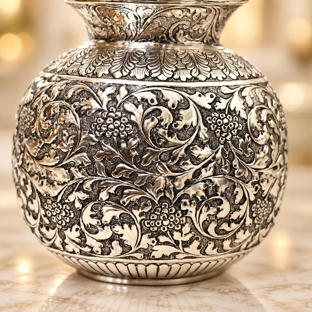 German Silver Floral Engraved Kalash, 10x5 Inch Pooja Pot, AshtaLakshmi Home Decor