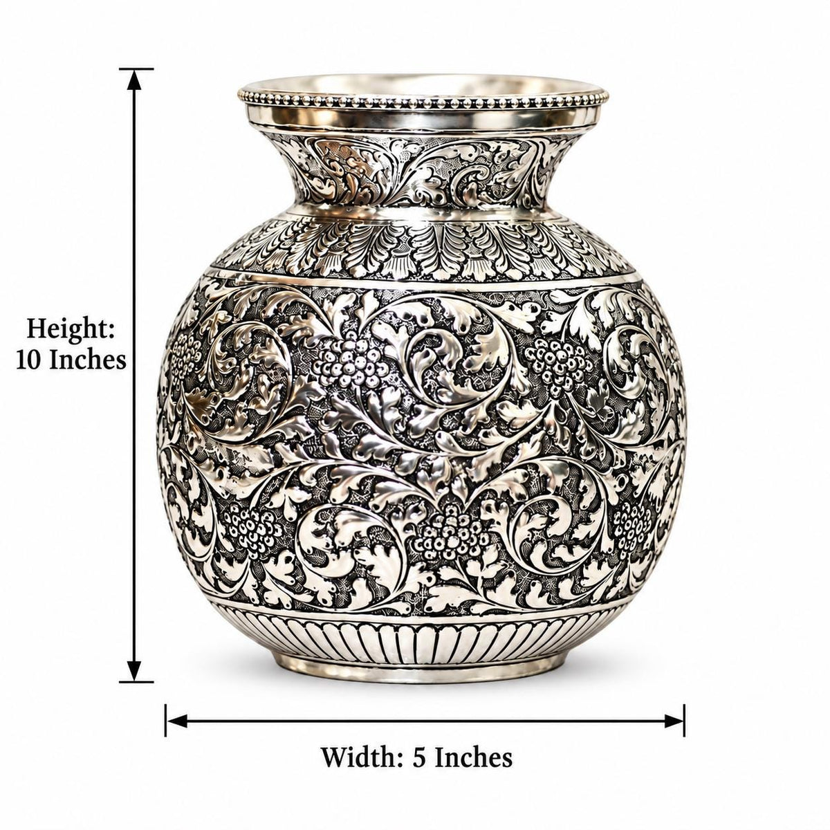 German Silver Floral Engraved Kalash, 10x5 Inch Pooja Pot, AshtaLakshmi Home Decor