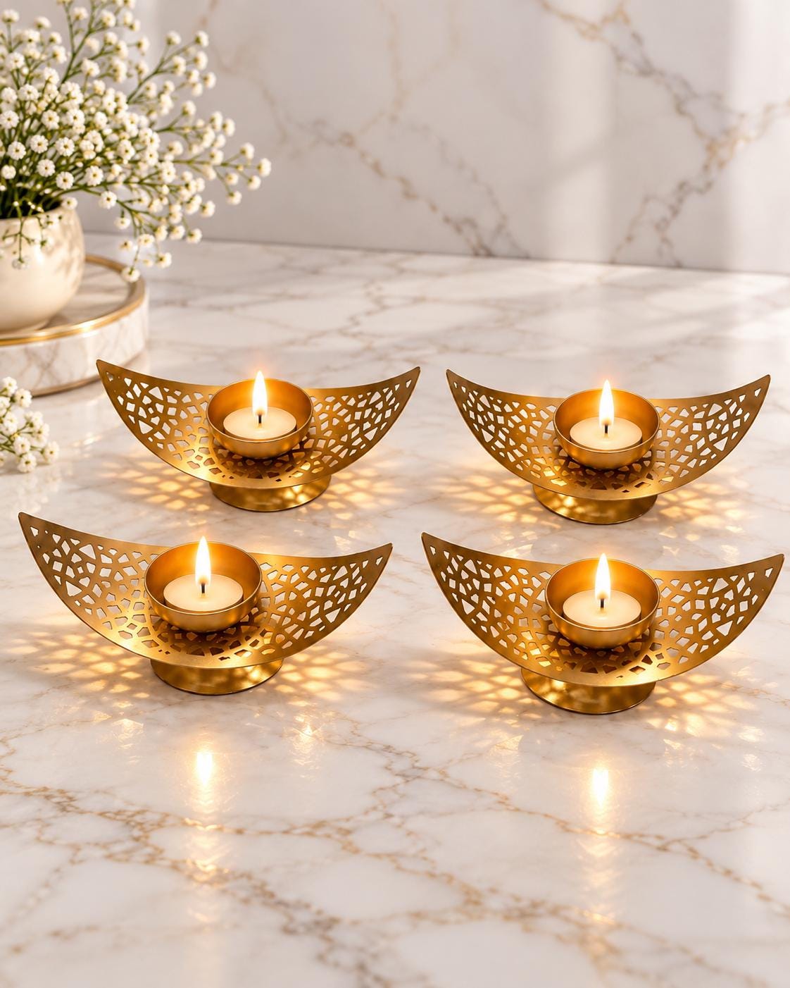 Gold Tone Moon Diya Holders | Curved Metal Tealight Stands (4 Piece Set)| diwali decor | table centerpiece | home decor |festive item