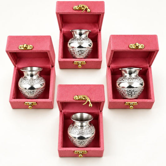 Silver-Finish Kalash in Velvet Box, Indian Wedding Return Gift (Bulk Orders),Festive decor, pooja decor, Diwali item, Traditional lota