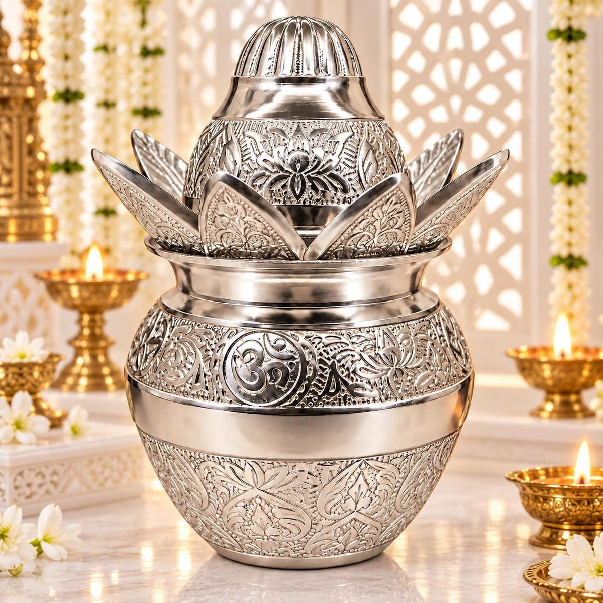 Engraved German Silver Pooja Kalash | Lotus Om Motif, Diwali Puja Decor (4.5*6.5 inches)