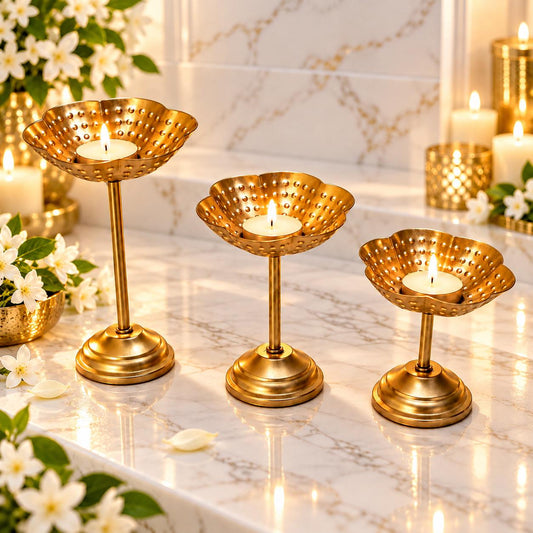 Gold Tone Floral Tealight Stands, Graduated Height Diya Set (5.5-9.5 inches)