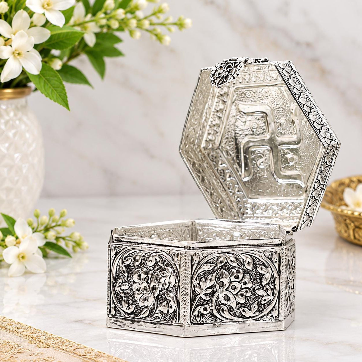 Antique Silver Plated Swastika Trinket Box (2.5x4 inches), Hexagonal Embossed Jewelry Container,Sacred Hindu Pooja Box,Vintage Trinket Gift.