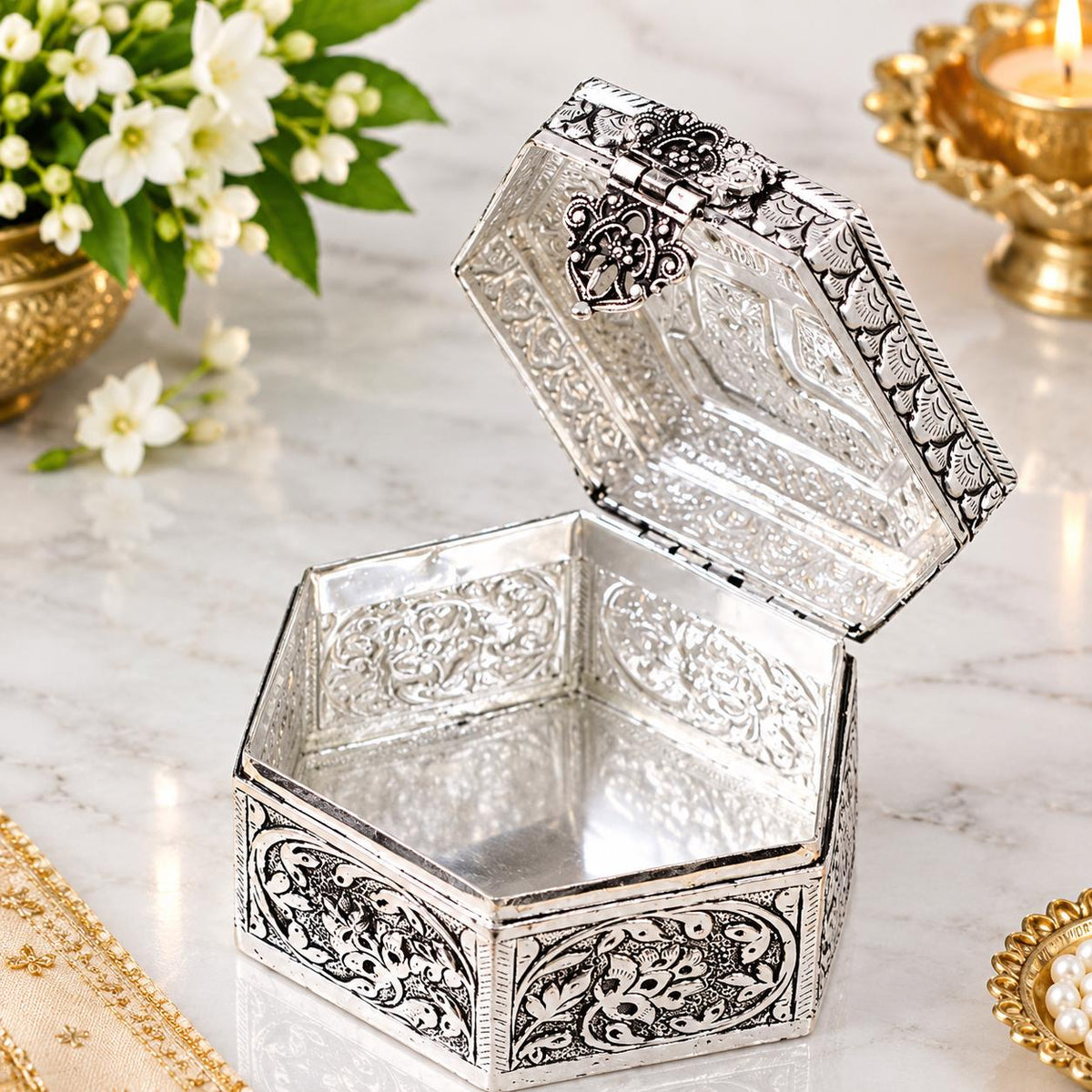 Antique Silver Plated Swastika Trinket Box (2.5x4 inches), Hexagonal Embossed Jewelry Container,Sacred Hindu Pooja Box,Vintage Trinket Gift.