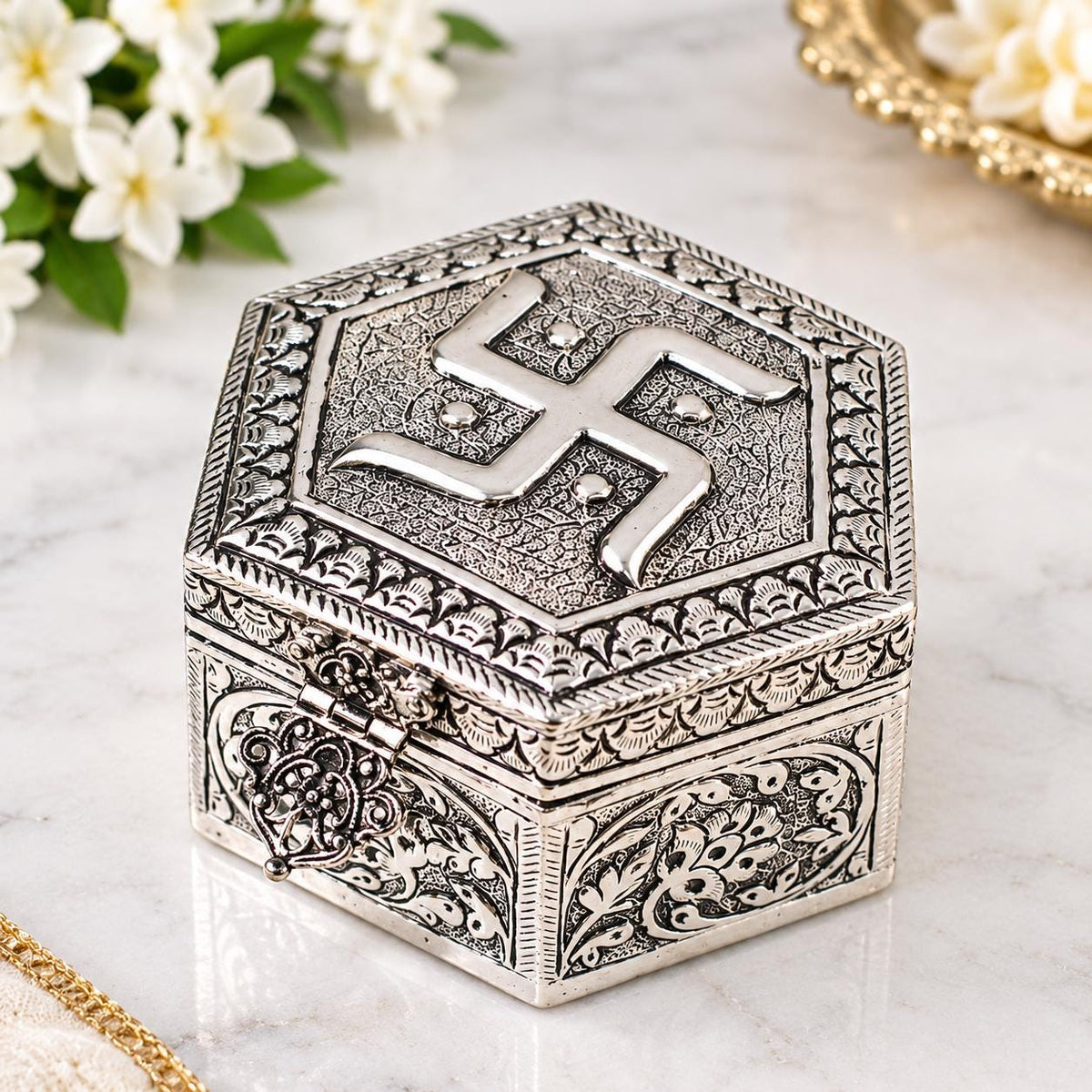 Antique Silver Plated Swastika Trinket Box (2.5x4 inches), Hexagonal Embossed Jewelry Container,Sacred Hindu Pooja Box,Vintage Trinket Gift.