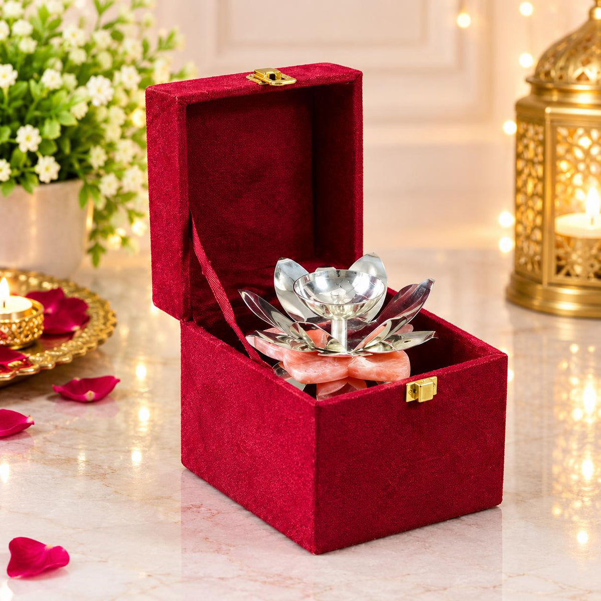 Silver Plated Lotus Diya with Pink Resin Stand, Indian Puja Decor (4x5 Inches)-Diwali Gift, Traditional Diya