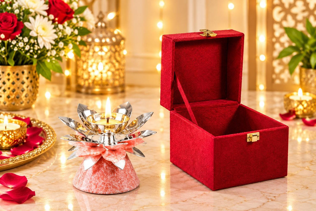 Silver Plated Lotus Diya with Pink Resin Stand, Indian Puja Decor (4x5 Inches)-Diwali Gift, Traditional Diya