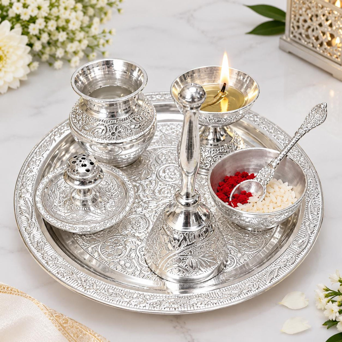 Handcrafted German Silver Pooja Thali Set – 8 Inch, Engraved, Velvet Box (7 Piece)