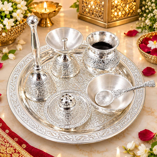 Handcrafted German Silver Pooja Thali Set – 8 Inch, Engraved, Velvet Box (7 Piece)