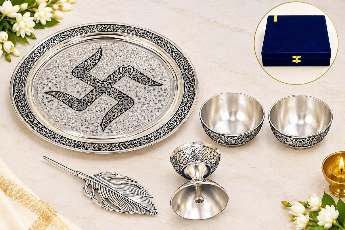 German Silver Pooja Thali Set, Swastik Design, 5-Piece Mandir Decor (7.5 inch)