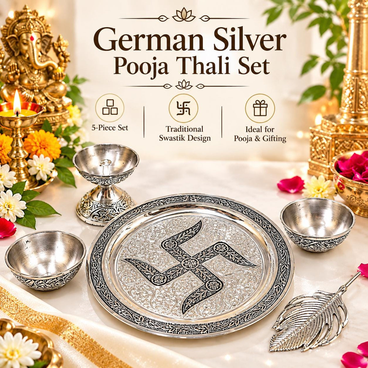 German Silver Pooja Thali Set, Swastik Design, 5-Piece Mandir Decor (7.5 inch)