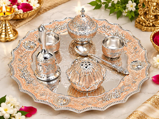 Handcrafted German Silver Pooja Thali Set, Floral Engraved, 12" Diameter, 7-Piece Ritual Accessories