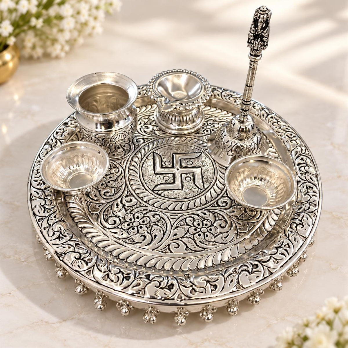 Handcrafted German Silver Pooja Thali Plate Bell Set with Ghungroo, Intricate Engraved Puja Plate with Diya , Diwali Worship Plate