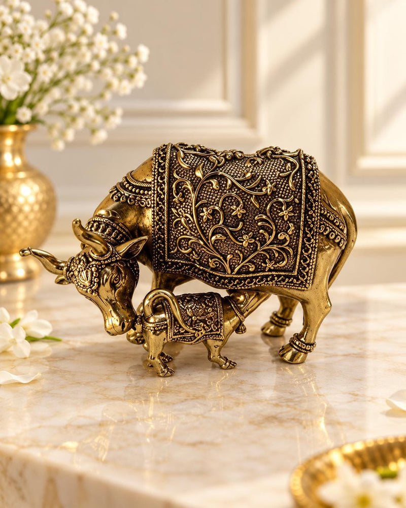 Handmade Brass Kamdhenu Cow and Calf Statue, Hindu Puja Decor, Antique Gold Finish (3 x 4.5 Inch), Idol