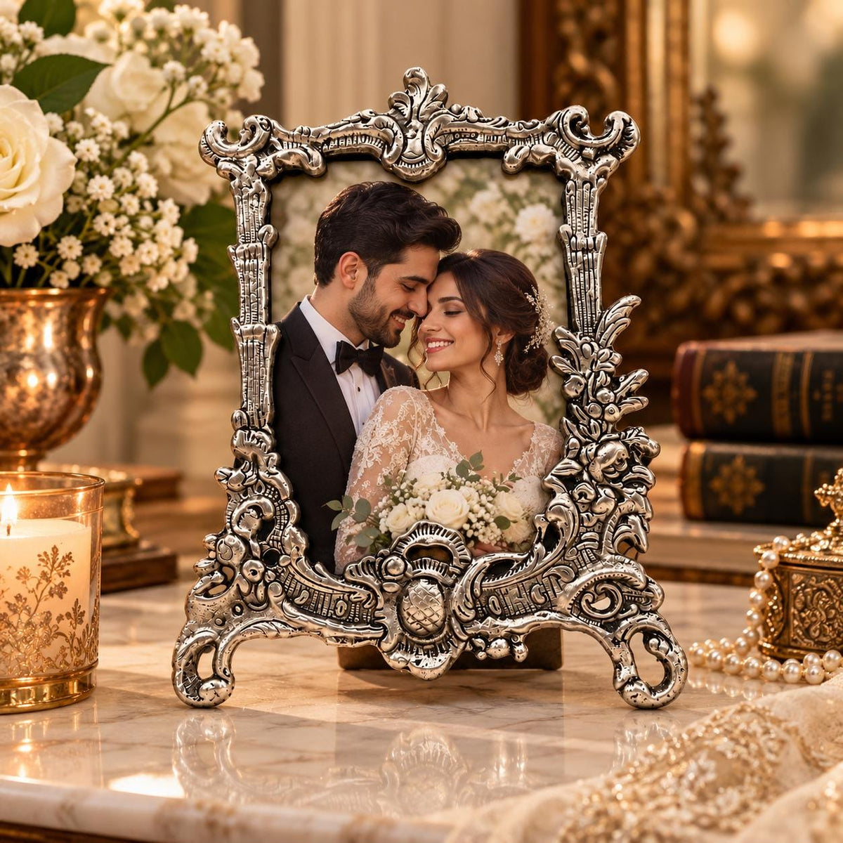Ornate German Silver Photo Frame, Vintage Floral Design, 8x6 Inch , Handcrafted frame .