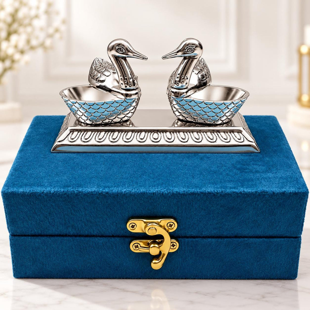 Best, Unique, Custom, Handmade German Silver, Silver Plated Duck Tilak Stick & Chopra Set with Velvet Box (11x6cm), Kumkum Gift Sets, Diwali