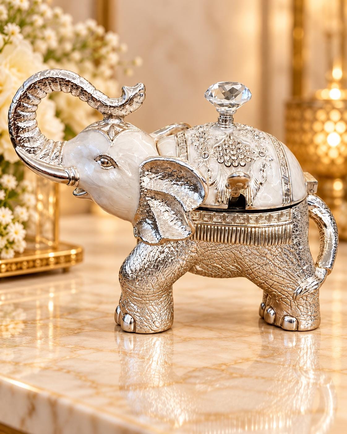 Silver Plated Elephant Sugar Bowl, Pearl White Enamel, Wedding Gift (12cm)
