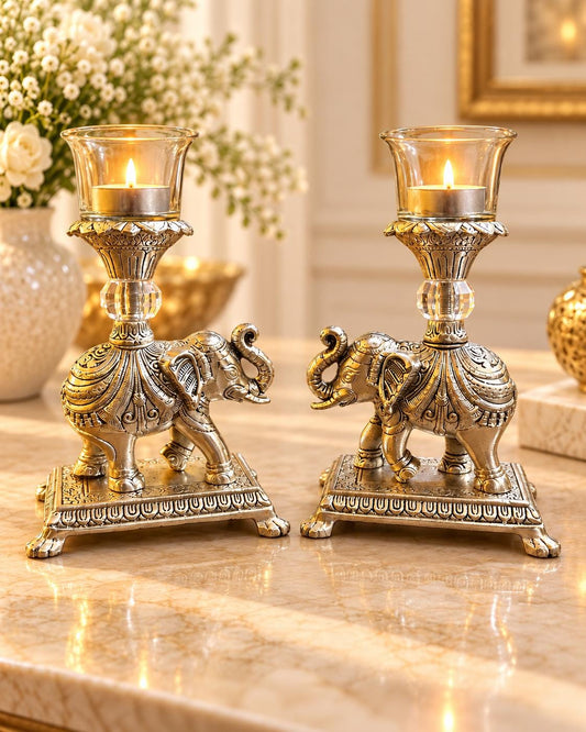 German Silver Elephant Tealight Holders, Ornate Candle Set, Festive Decor