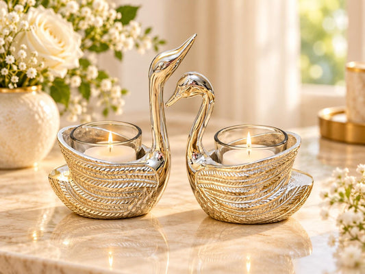 Set of 2 Silver Swan Tea Light Holders | Elegant Wedding Table Décor