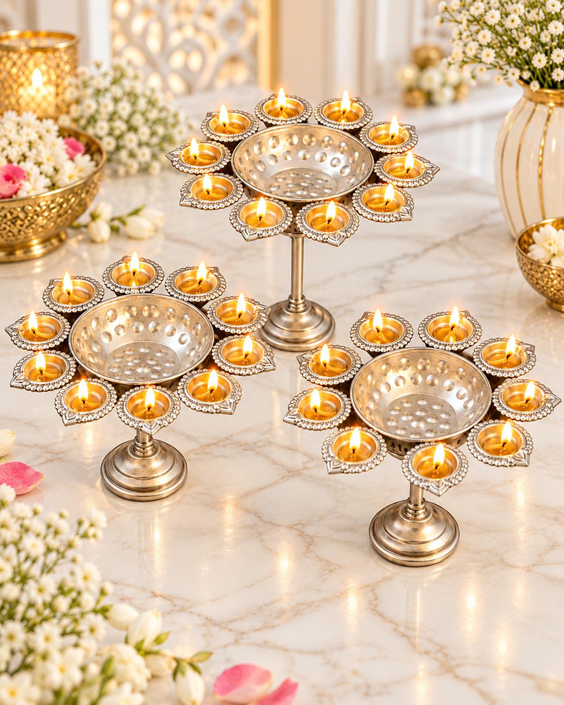 Gold Floral Diya Urli Set | Traditional Indian Diwali Decor (Stand Included)