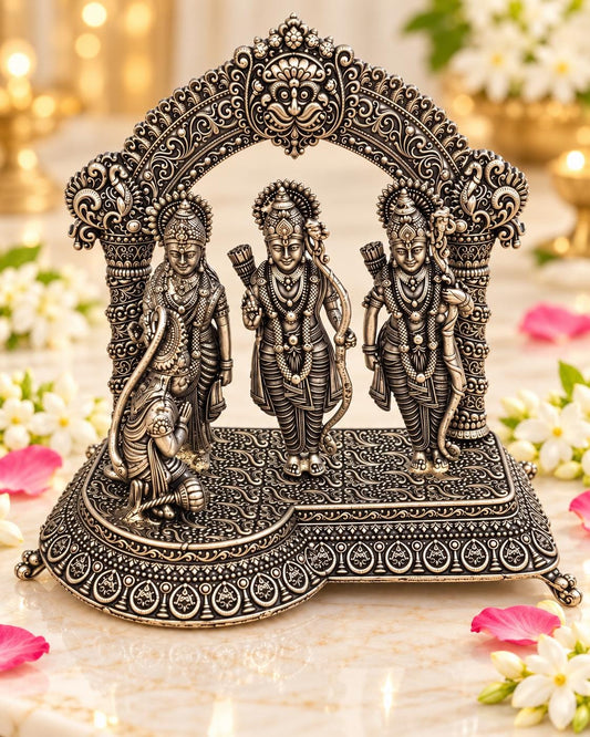 Silver Plated Ram Darbar Murti, 5x5 Inch Idol, Hindu Temple Decor