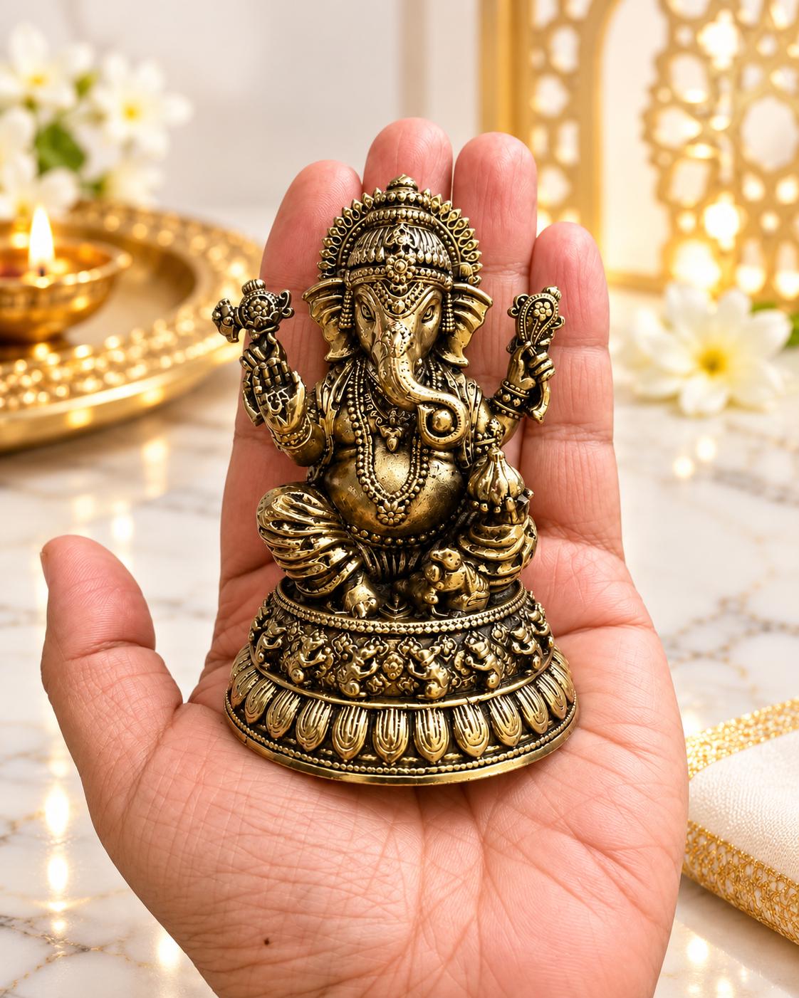 Solid Brass God Ganesha Idol (3 Inches),Hindu God statue for Pooja Temple Decor